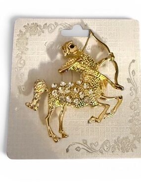 Sagittarius Brooch with Rhinestones in Gold Tone